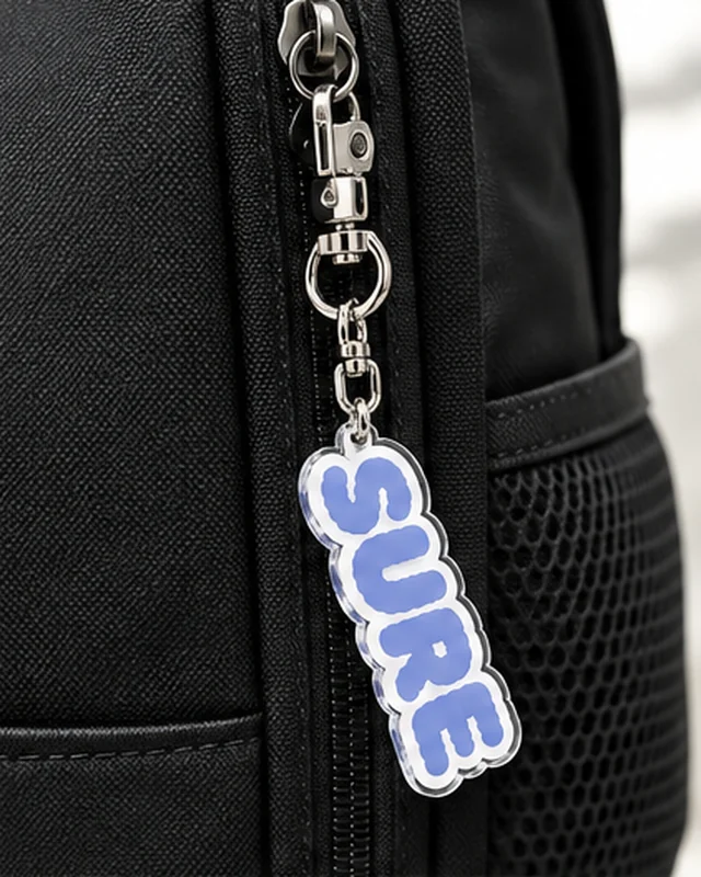 검은 가방 지퍼에 단 SURE 키링